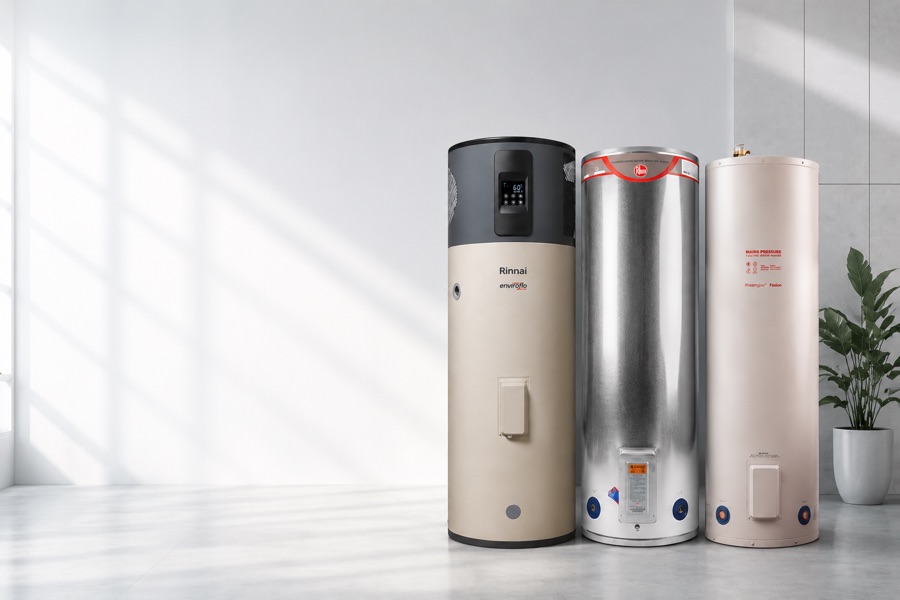 Heat pump, stainless steel and mains pressure hot water cylinders side by side