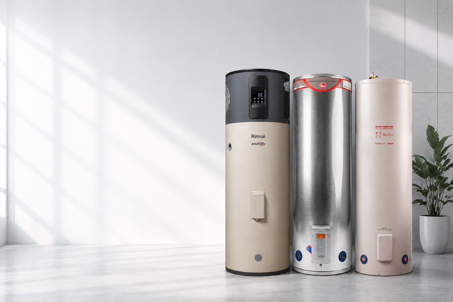 Heat pump, stainless steel and mains pressure hot water cylinders side by side